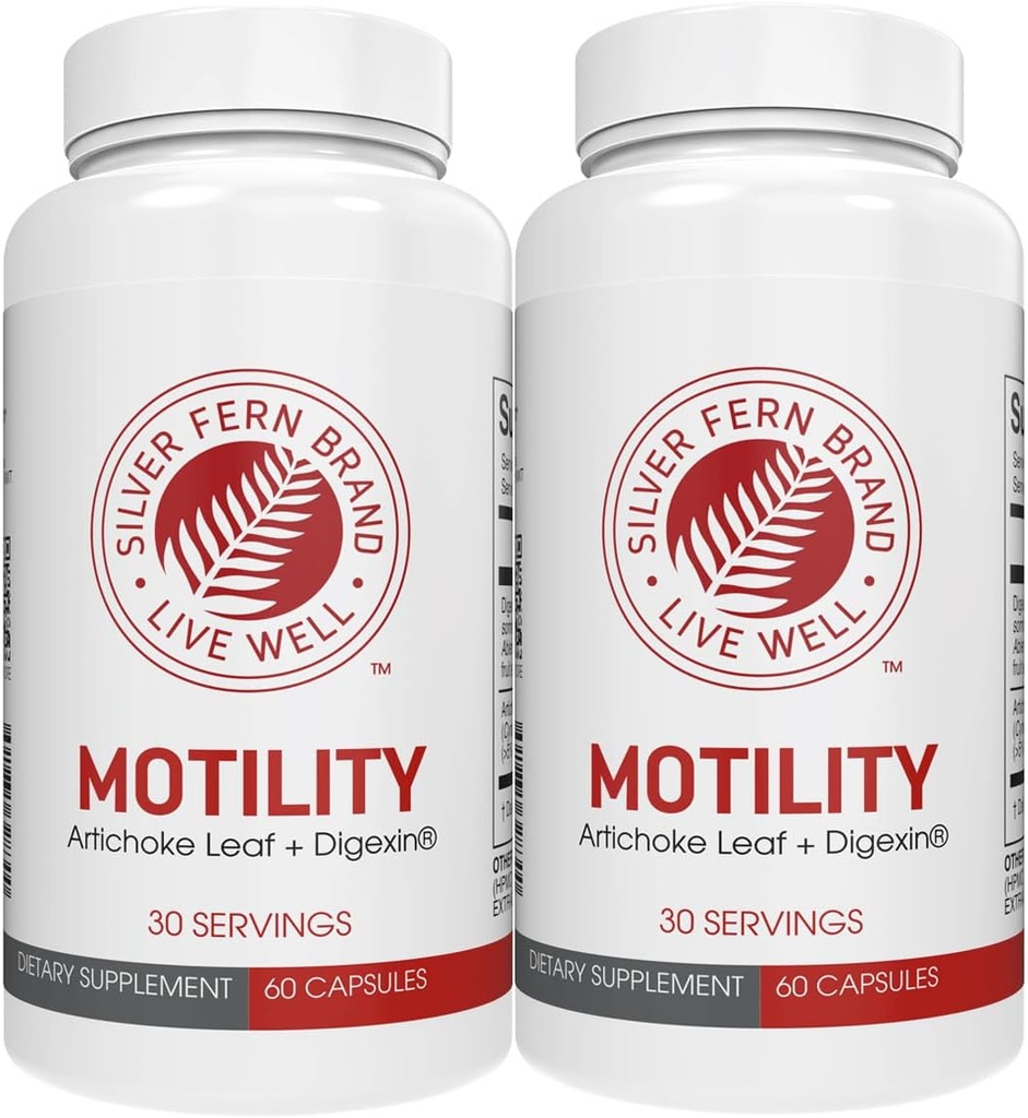 Silver Fern Brand Motility - Constipation non laxative et stimulation de la motilité lente - 120 capsules, 60 jours d'approvisionnement - Contient une feuille d'artichaut, des pods d'okra tendres, et cerise d'hiver