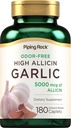 Piping Rock Pilules d'ail sans odorat avec haut allicine , 180 Caplets , Odor Free , Végétarien, Non-OGM, Sans gluten