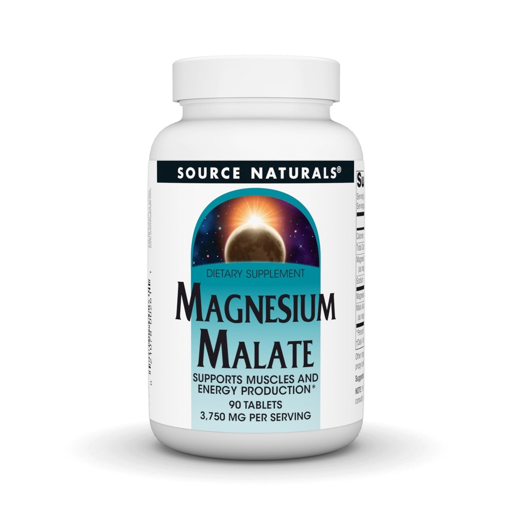 Source Naturals Magnésium Malate, soutient la production de muscles et d'énergie*, non OGM, supplément de magnésium végétarien, 3 750 MG par portion - 90 comprimés