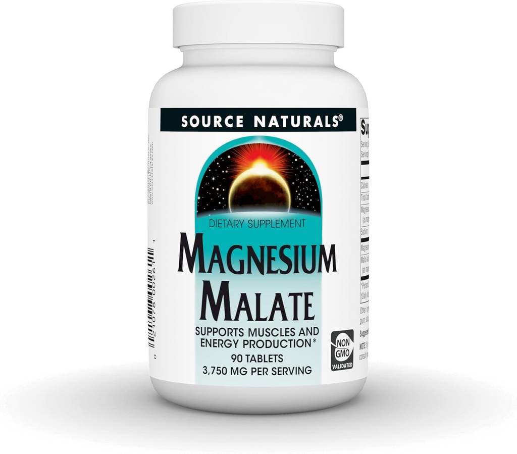Source Naturals Magnésium Malate, soutient la production de muscles et d'énergie*, non OGM, supplément de magnésium végétarien, 3 750 MG par portion - 90 comprimés