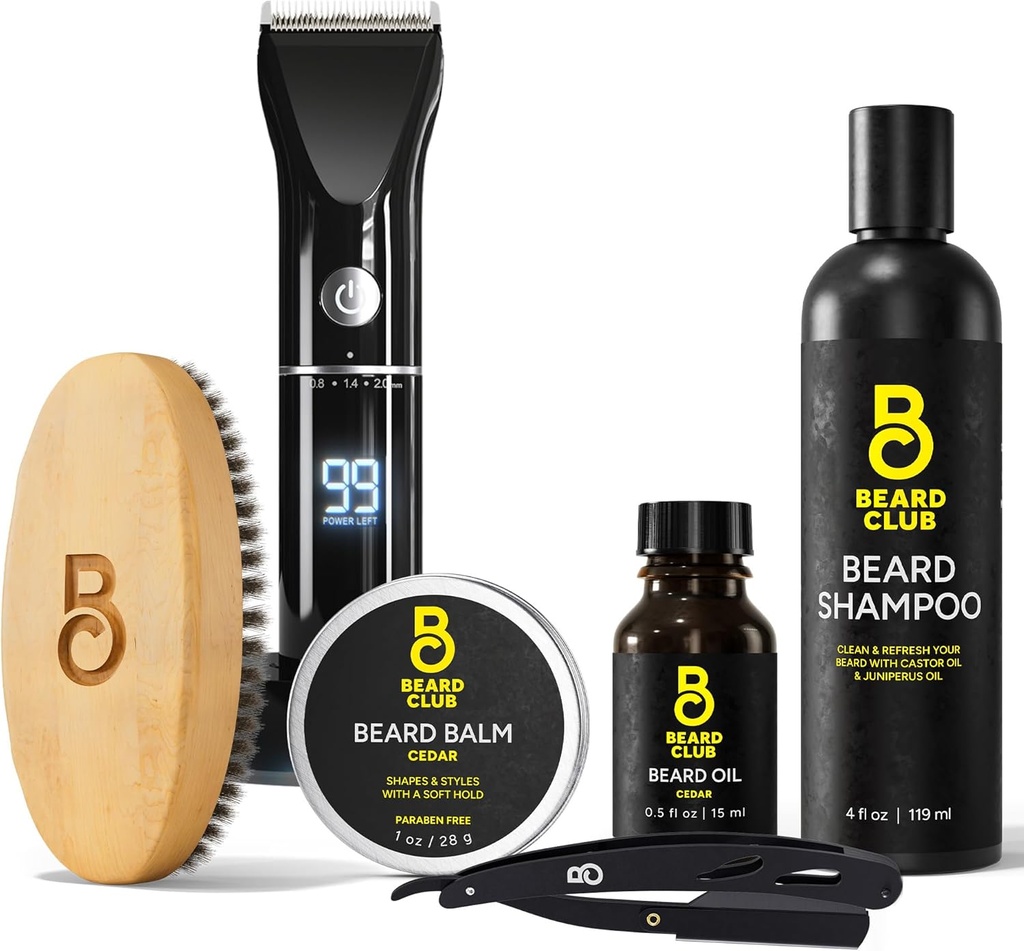 L'ensemble de grooming Club Beard: Trimmer pour hommes et kit d'entretien - Comprend le trimeur électrique sans fil, le rasoir droit, le shampooing, le baume et l'huile de cèdre, brosse - 8 guides, 45 longueurs