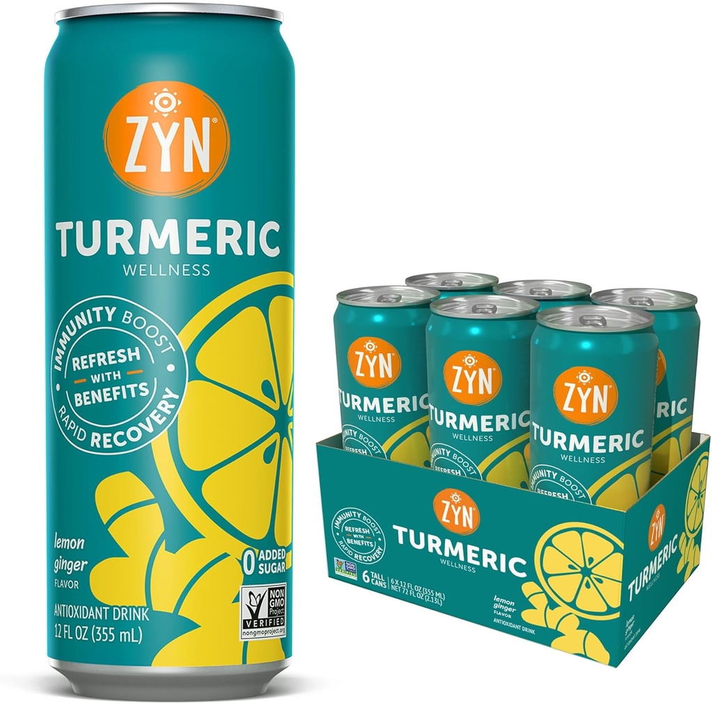 ZYN Turmeric Wellness Drink (6 Pack), Lemon Ginger Aromatisé curcumin avec poivre noir, pas de sucre ajouté, faible teneur en glucides et faible teneur en calories, alternative propre