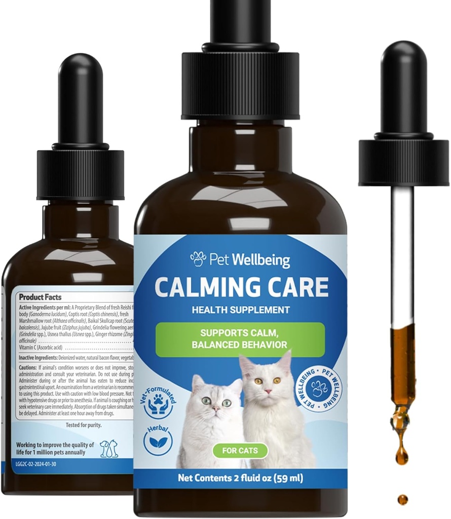 Bien-être des animaux Soins apaisants pour les chats - Soutien comportemental formé par les vétustes - Soutien du stress félin, Bien-être émotionnel - Ashwagandha & Holy Basil Adaptogen - Supplément de chat holistique 2 oz (59ml)