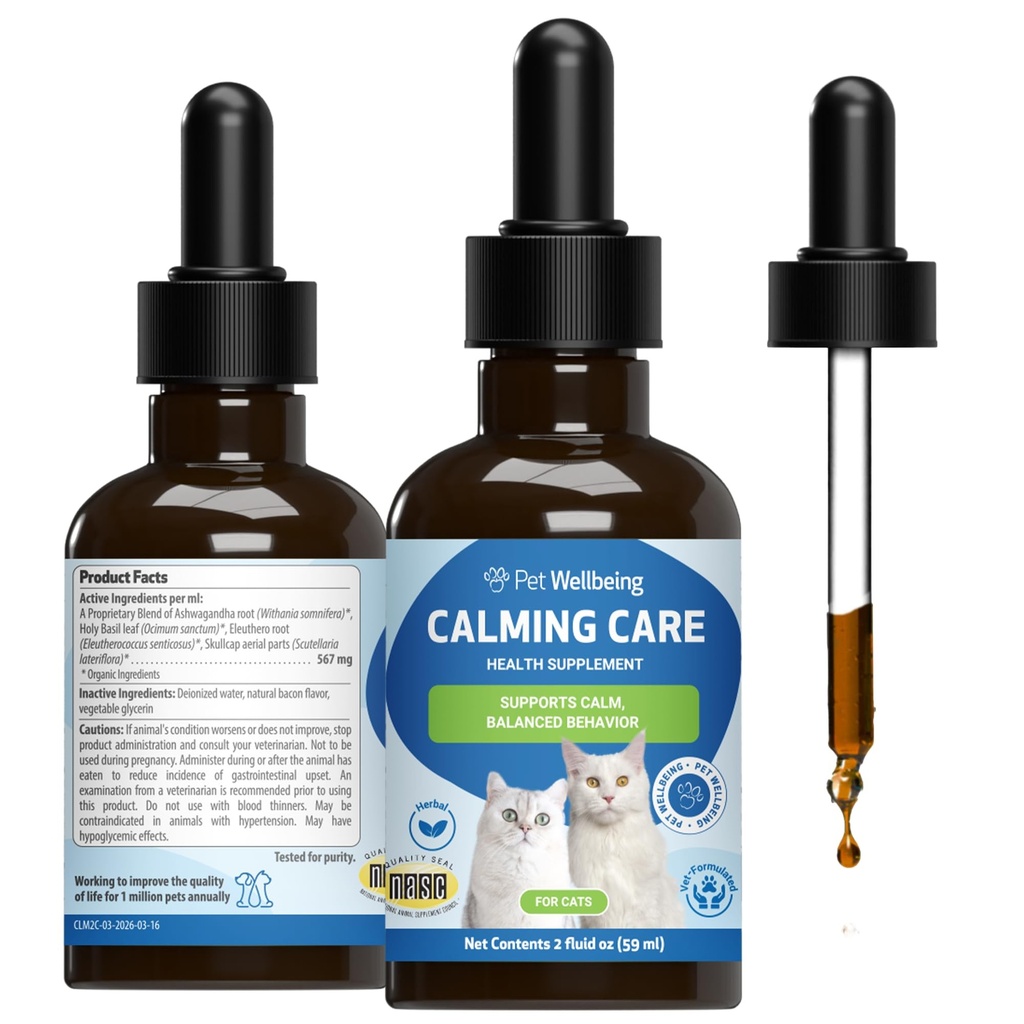 Bien-être des animaux Soins apaisants pour les chats - Soutien comportemental formé par les vétustes - Soutien du stress félin, Bien-être émotionnel - Ashwagandha & Holy Basil Adaptogen - Supplément de chat holistique 2 oz (59ml)