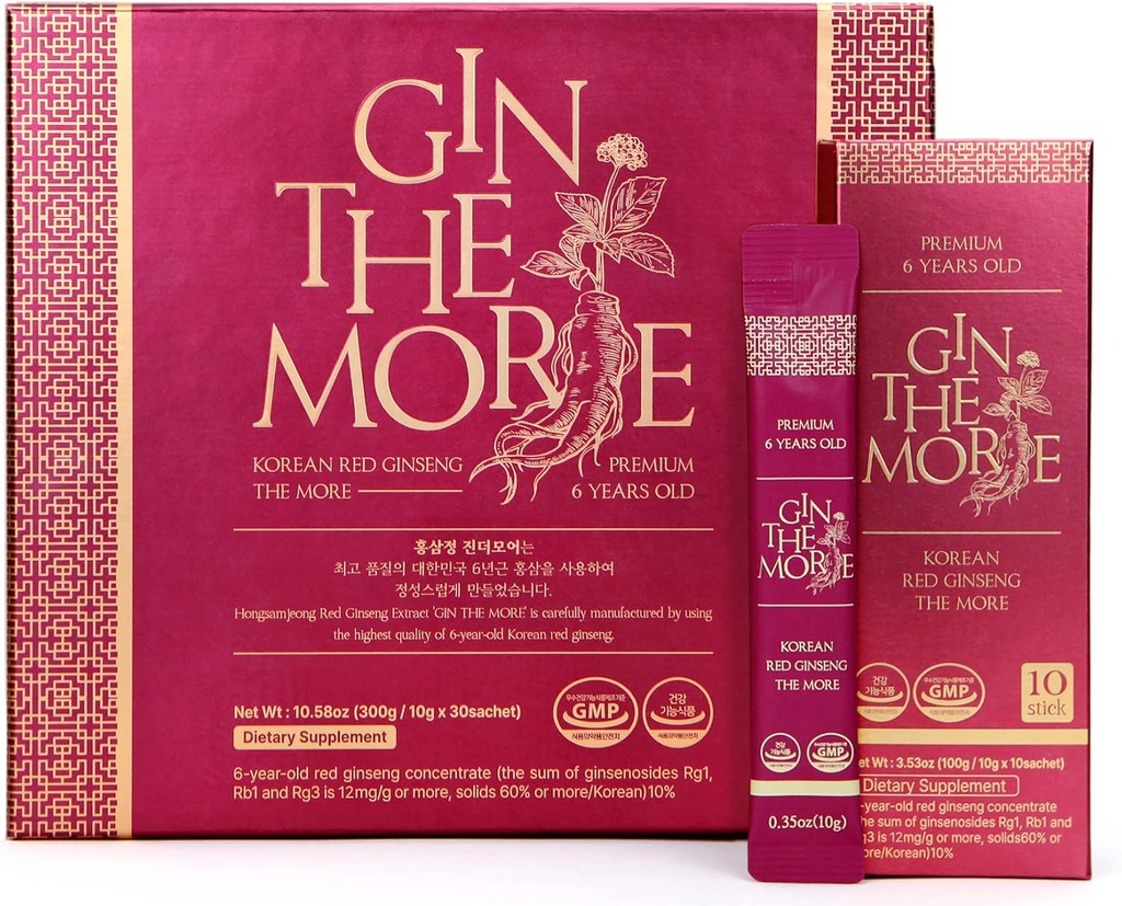 [Gin The More] Ginseng Rouge Coréen – 30 sachets Extrait Ginseng Coréen – Extrait Ginseng Premium 6 ans sans conservateurs, remplisseurs – Goût agréable – Prise d'immunité emballée nutritive