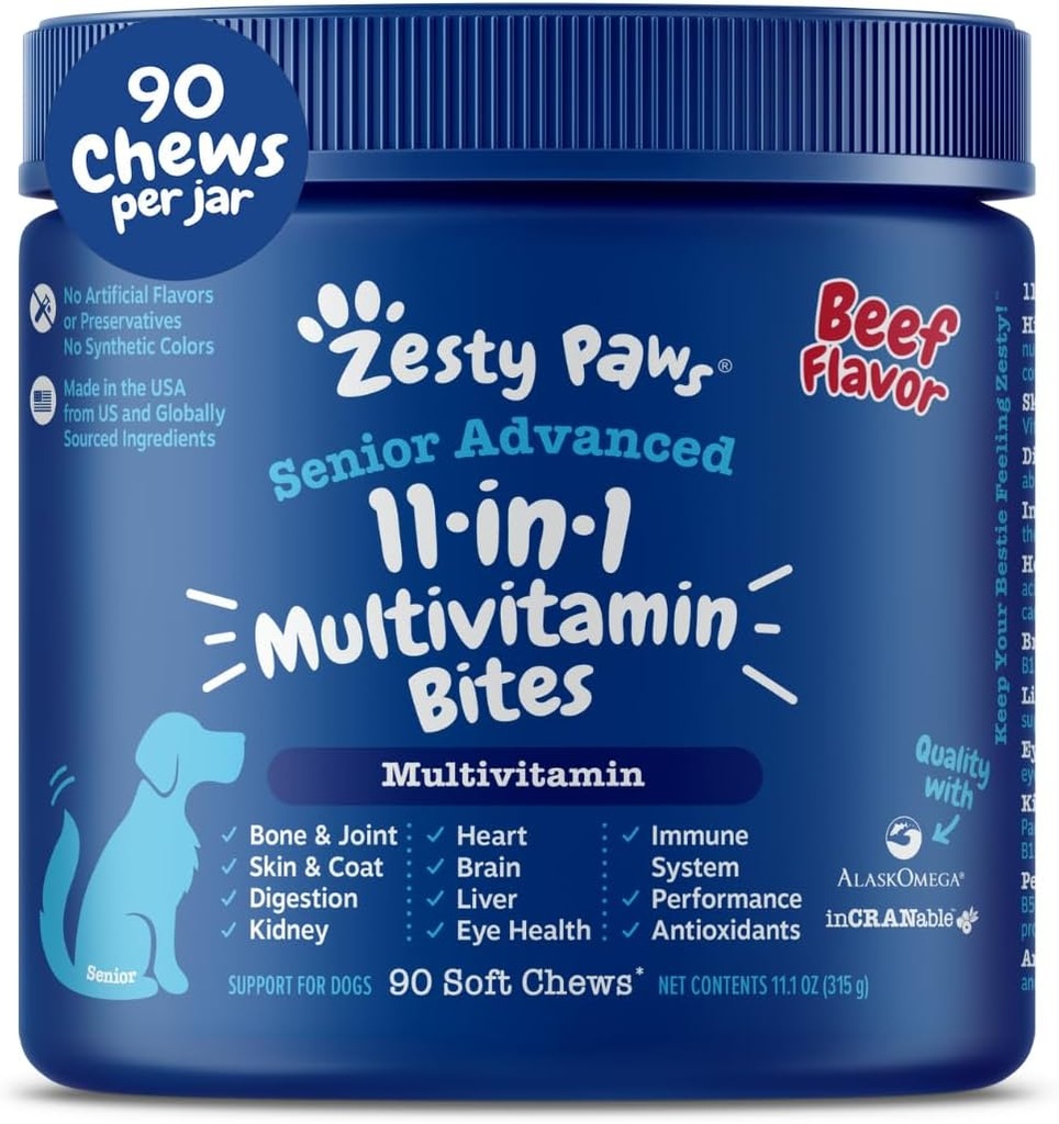 Zesty Paws Senior Dog Multivitamin Treats - Glucosamine pour chiens + Enzymes digestifs et probiotiques - Vitamines et suppléments sans grains pour chiens pour la peau et le manteau + boeuf santé immunitaire - avancé - 90ct