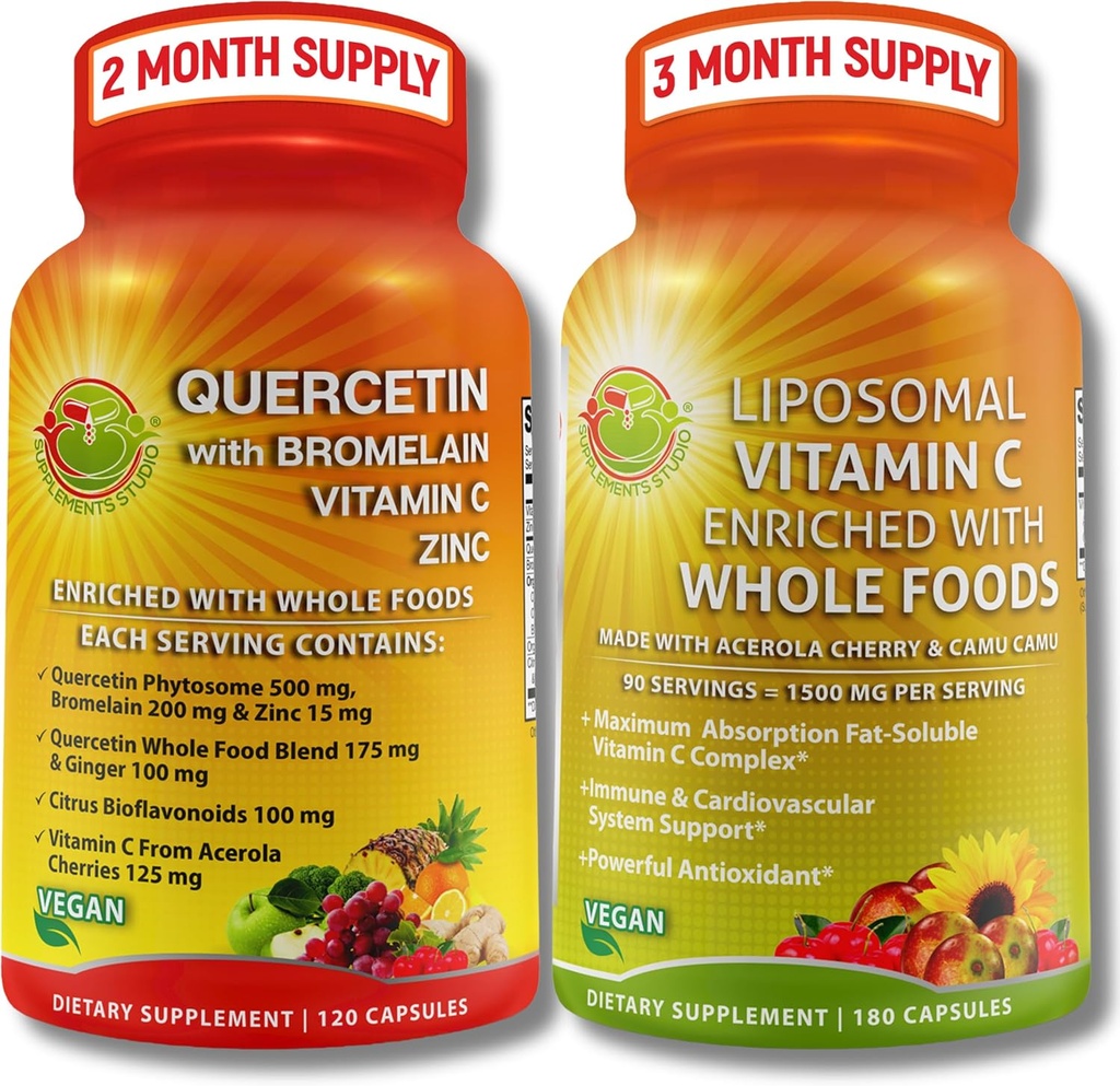 Quercetine avec Bromelain, Vitamine C & Zinc et Vitamine Liposomique C 1500mg – Ensemble de soutien immunitaire avec cerise acérola biologique, Camu Camu et antioxydants alimentaires entiers – végétalien, non-OGM, étiquette propre