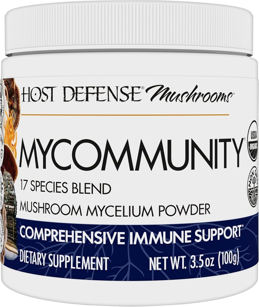 Host Defense MyCommunity Powder - 17 Species Blend Mushroom Supplement for Immune Support - Extract with Lion's Mane, Reishi, Chaga, Cordyceps, Turkey Tail & More - 100g (66 Servings)*