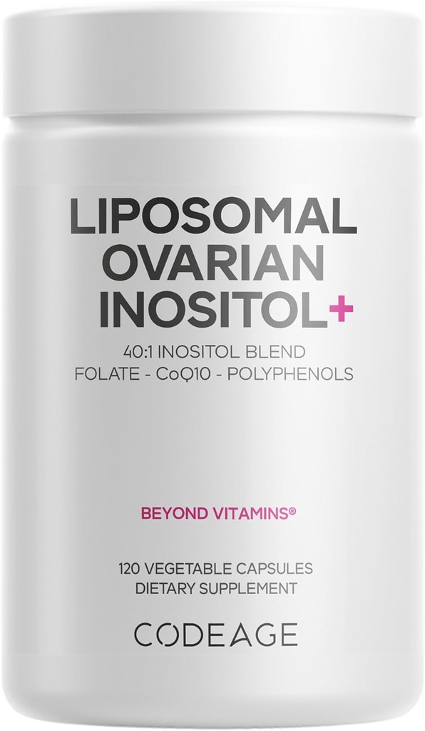 Codeage Inositol+ Liposomique Inositol+ Supplément - Myo-Inositol & D-Chiro-Inositol 40:1 Blend, Folate 5-MTHF, CoQ10, grenade et myrtilles sauvages, livraison liposomique, non-OGM, sans gluten - 120 capsules