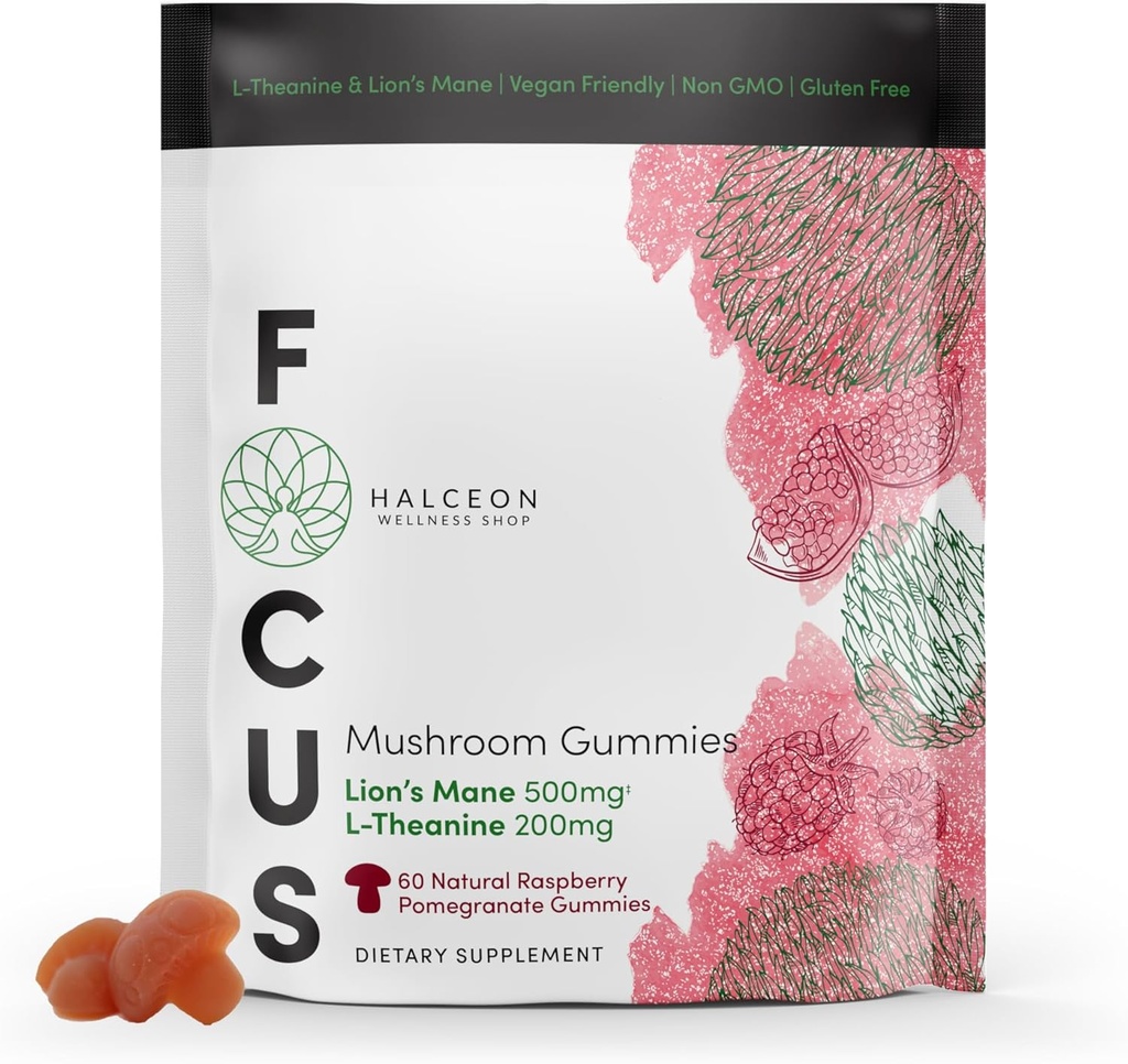 Halceon Wellness Mushroom Gummies - Supplément Lion's Mane Mushroom et L-Theanine pour la santé du cerveau - Supplément Nootropic Mushroom - Gummes Lion non-OGM Vegan Lion Mane Mushroom pour Focus - 60 Comte