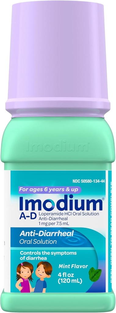 Imodium A-D médicament antidiarrhéique liquide pour enfants avec Loperamide HCl, solution orale pour le traitement et le contrôle des symptômes de diarrhée pour les enfants de 6 ans et plus, Mint Flavor, 4 fl. oz