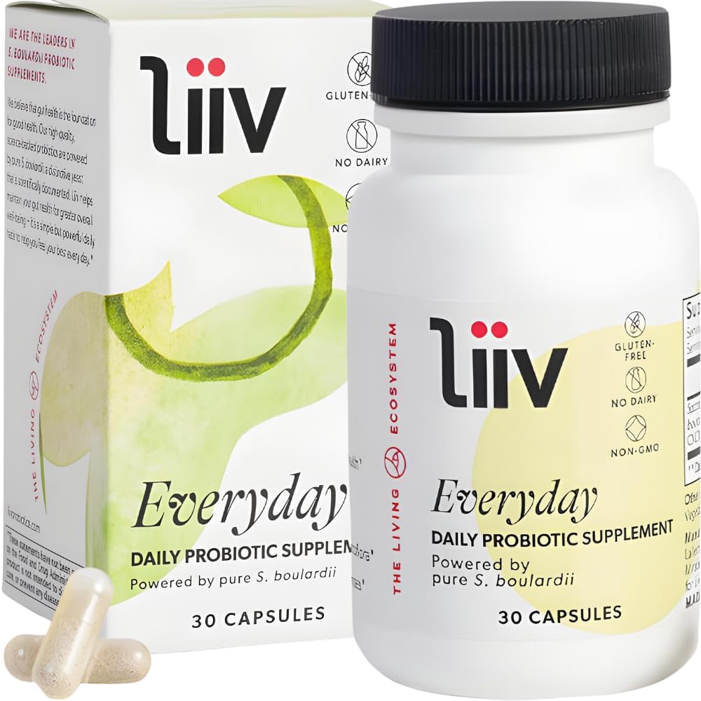 Probiotique quotidien LiiV Premium pour le soutien digestif et immunitaire, Pure S. boulardii pour les femmes et les hommes, 5 milliards d'UFC, équilibre microbiome sain – 30 capsules végétariennes