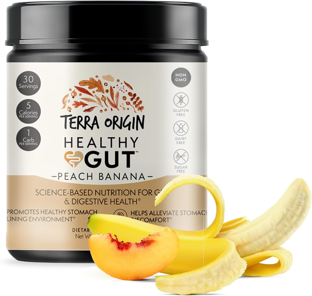 ORIGINAL TERRA Santé Gut Peach Banana. 30-Servies avec L-Glutamine, Zinc, Glucosamine, Slippery Elm Bark, Marshmallow Root et bien plus!