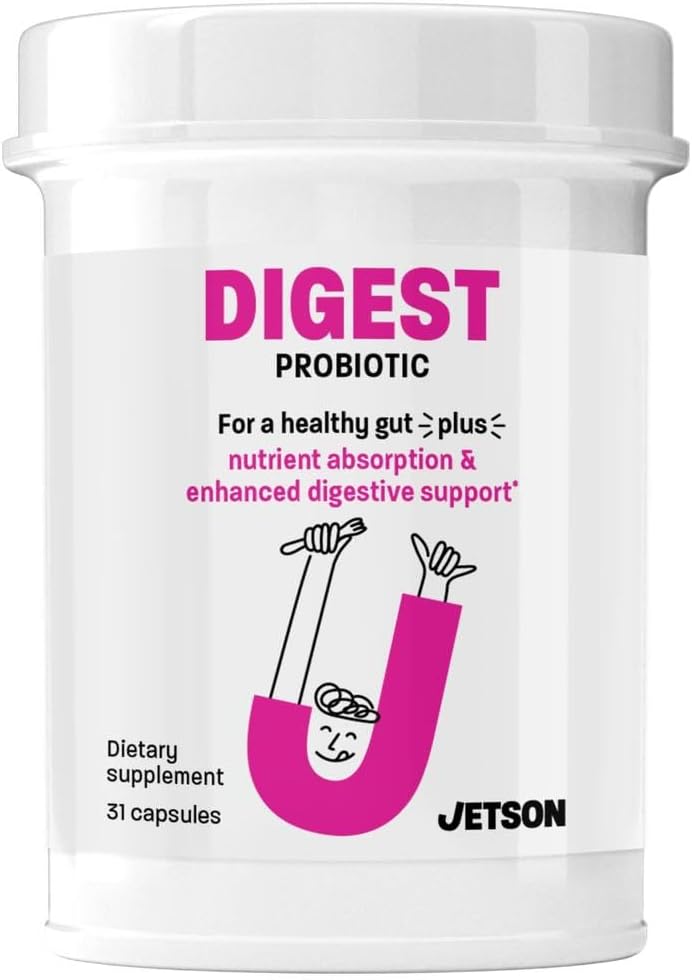 Jetson Digest - Digestion et soutien immunitaire Formulation probiotique – favorise le mouvement régulier de l'intestin, améliore la digestion et le gonflement, soutient l'immunité - sans gluten, végétarien, non-OGM (31 comte)