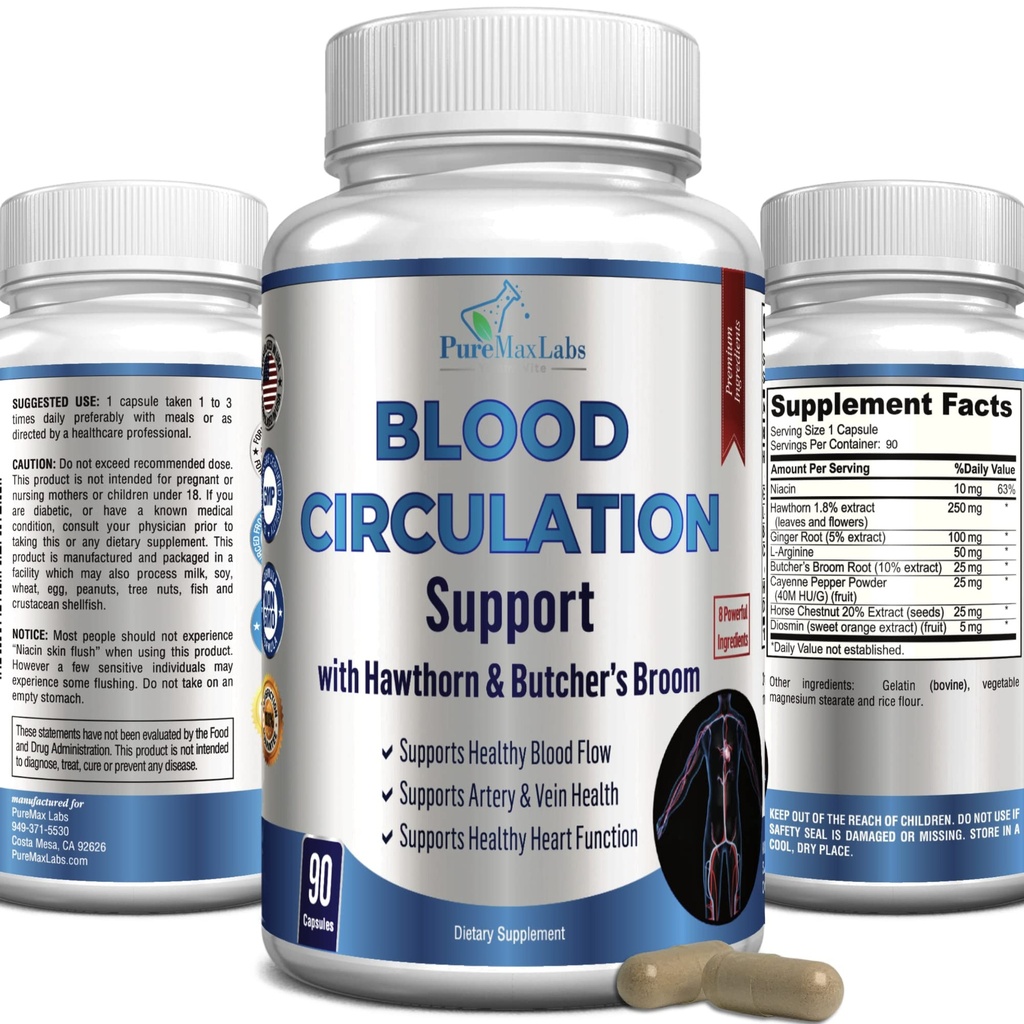 Supplément de circulation sanguine - avec Hawthorn, boucherie, châtaigne, arginine, diosmin, traitement des veines varices, support de circulation - 90 capsules