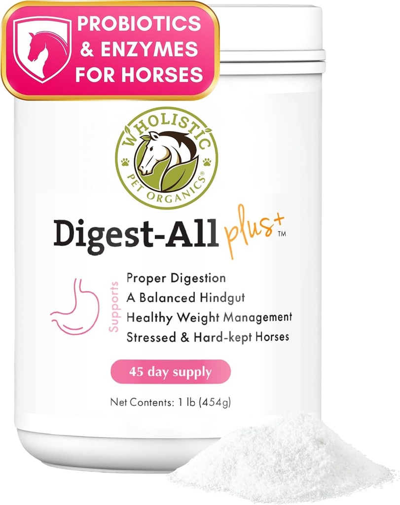 Wholistic Pet Organics Digest-All Plus: Poudre de probiotiques pour chevaux - 1 Lb - Probiotiques et prébiotiques équidés avec enzymes digestives - Suppléments digestifs équidés pour le gaz, la constipation et la santé gustative