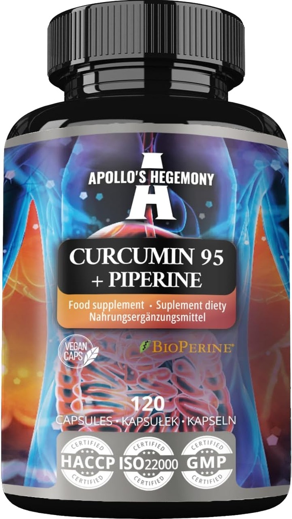 APOLLO'S HEGEMONY Curcumine 95 + Piperine 302mg par gélule, extrait de racine curcuma haute résistance 95%, 120 Capsules végétaliennes, 4 mois d'approvisionnement, pour digestion optimale et absorption accrue