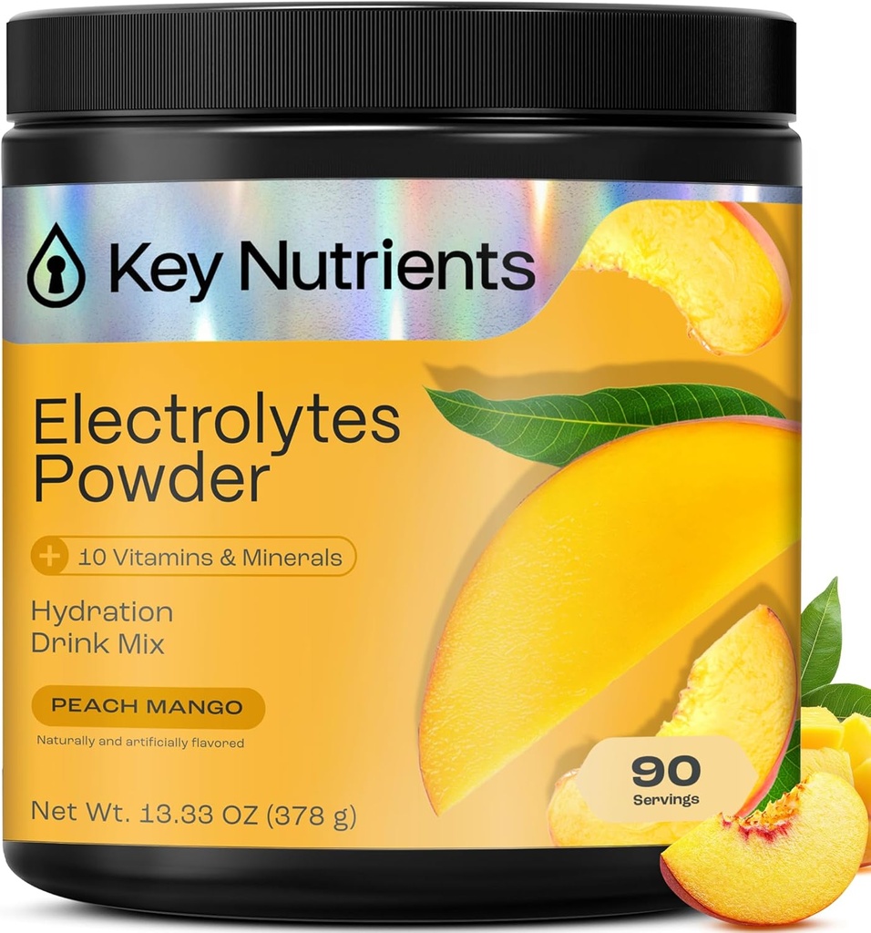 NUTRIENTS CLÉS Multivitamine Electrolytes Poudre Pas de sucre - Poudre d'électrolyte de pêche tropicale Mango - Endurance et supplément énergétique - Poudre d'hydratation - Pas de calories - 90 portions - Fabriqué aux États-Unis
