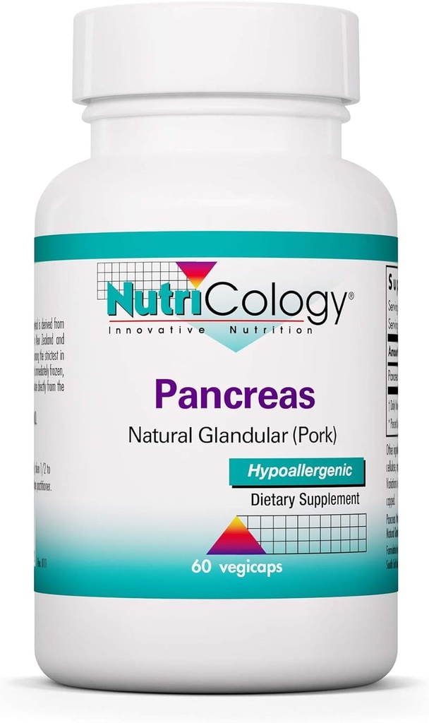 Nutricology Pancreas Pork 425mg Supplement - Pancreas Natural Glandular, Pancreatic Enzymes, Amylase, Protease, Lipase, Hypoallergenic - 60 Count