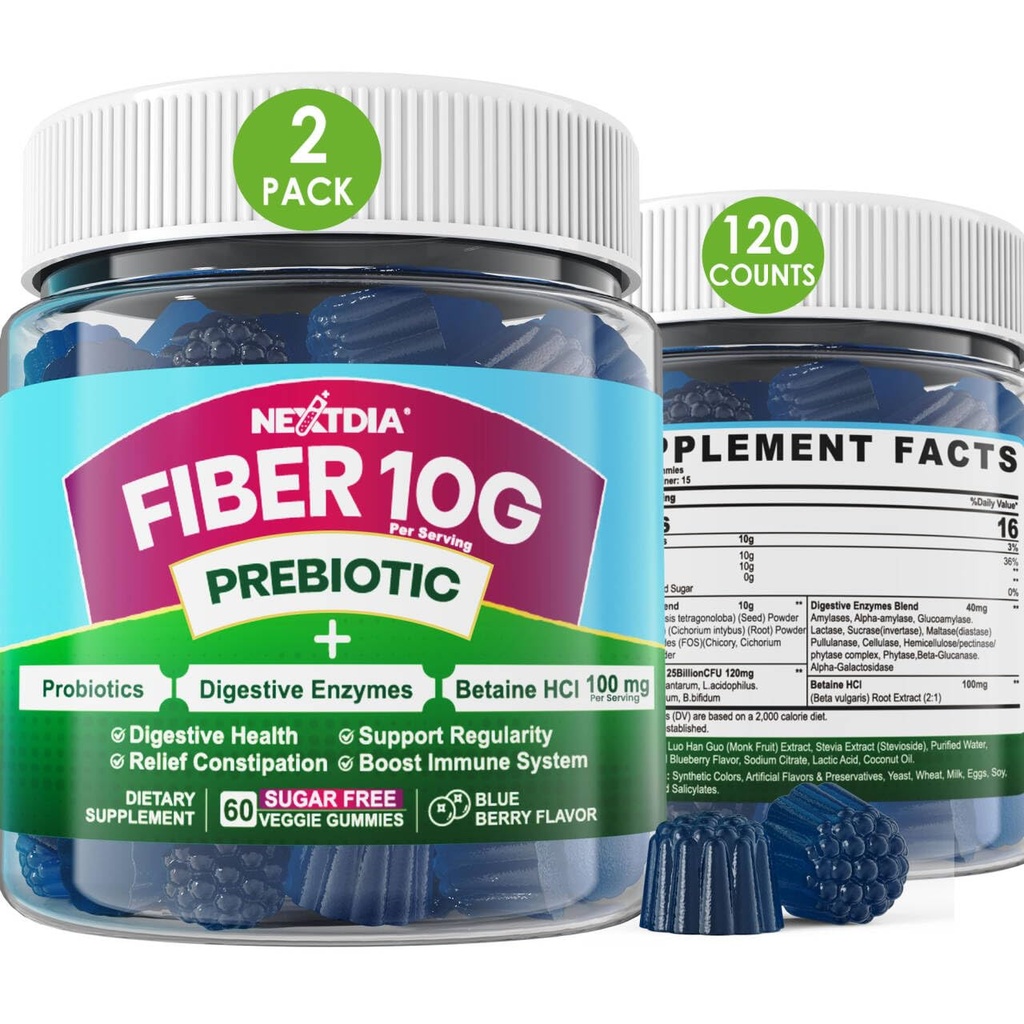 Gommies de fibre pour adultes, sans sucre 10g Supplément de fibre prébiotique avec enzymes digestives, probiotiques et 100mg de bêtaine pour la santé digestive et Gut et réglementer le mouvement de l'intestin, végétalien, sans gélatine, 120ct