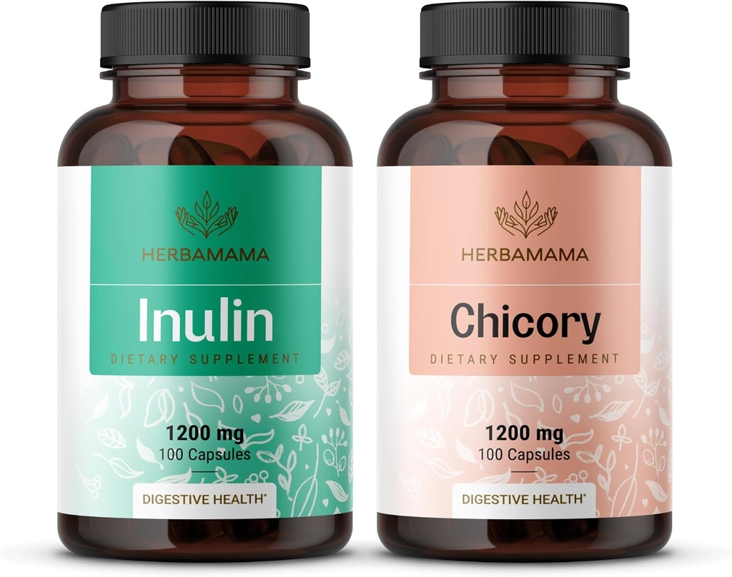 Trousse d'inuline et de chicorée HERBAMAMA - lot de 1200 mg de fibre d'inuline et de 1200 mg de capsules de racine de chicorée - végétalien, non-OGM, sans gélatine - 2 boîtes