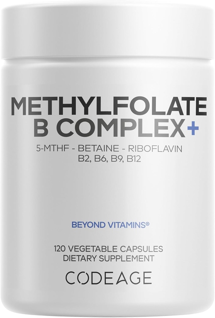 Codeage Compléments complexes de méthylfolate B - 5 MTHF, méthylcobalamine 1000mcg Vitamine méthylée B12, Riboflavine, Betaïne, Vitamines B6, Cycle de méthylation MTHFR - 2 mois - 120 capsules