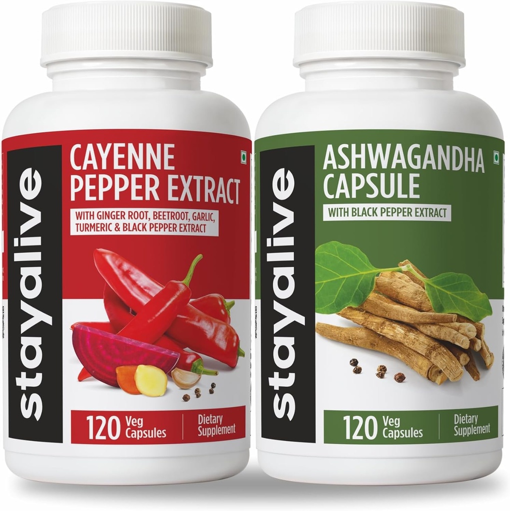 STAY ALIVE Cayenne et Ashwagandha Bundle w/Black Pepper Extract Capsules, 240 pilules véganes, sans OGM et sans gluten Ashwagandha Cayenne Pepper Supplément