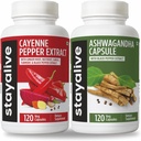 STAY ALIVE Cayenne et Ashwagandha Bundle w/Black Pepper Extract Capsules, 240 pilules véganes, sans OGM et sans gluten Ashwagandha Cayenne Pepper Supplément