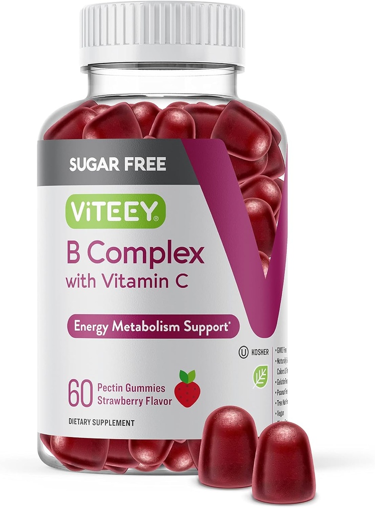 VITEEY Gommies complexes de vitamine B avec vitamine C, sans sucre - énergie, métabolisme et santé des nerfs - B6, B12, acide folique, biotine - végétalien, sans gélatine, sans OGM - gommy aux fraises croustillantes goûtées