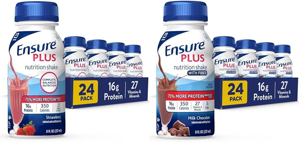 Assure plus nutrition agiter avec 16 grammes de protéines et assurer plus nutrition agiter avec fibre, 16 grammes de protéines, substitut de repas liquide, chocolat au lait, sans gluten, 8 Fl Oz (paquet de 24)