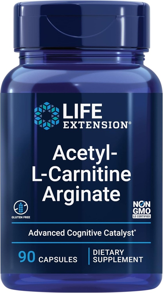 Extension de vie Arginate d'acétyl-L-Carnitine, Santé avancée du cerveau et des nerfs, Soutien énergétique cellulaire, Sans gluten, Non-OGM, 90 Capsules
