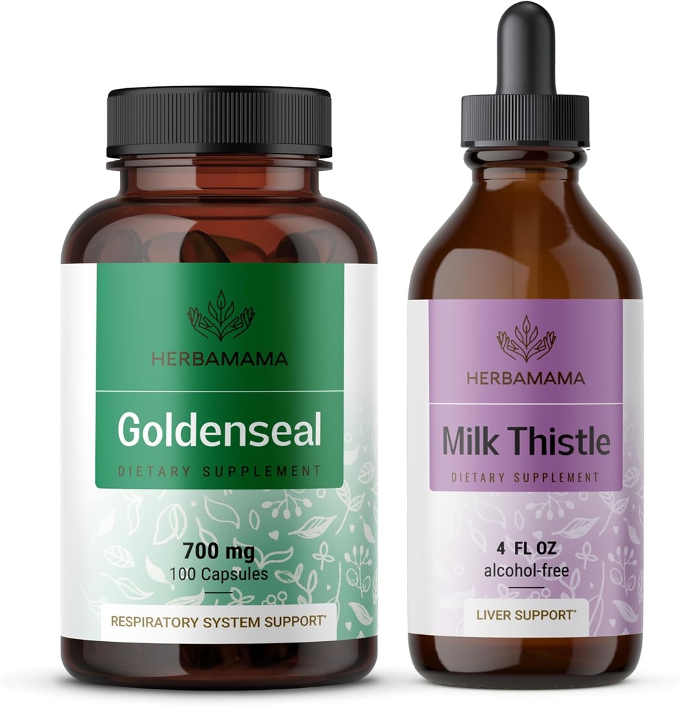 HERBAMAMA Goldenseal and Milk Thistle Kit - Bundle of 700 mg Goldenseal Root Capsules and Milk Thistle Tincture 2 fl oz - Vegan, Non-GMO, Sugar & Alcohol-Free - 2 Pack