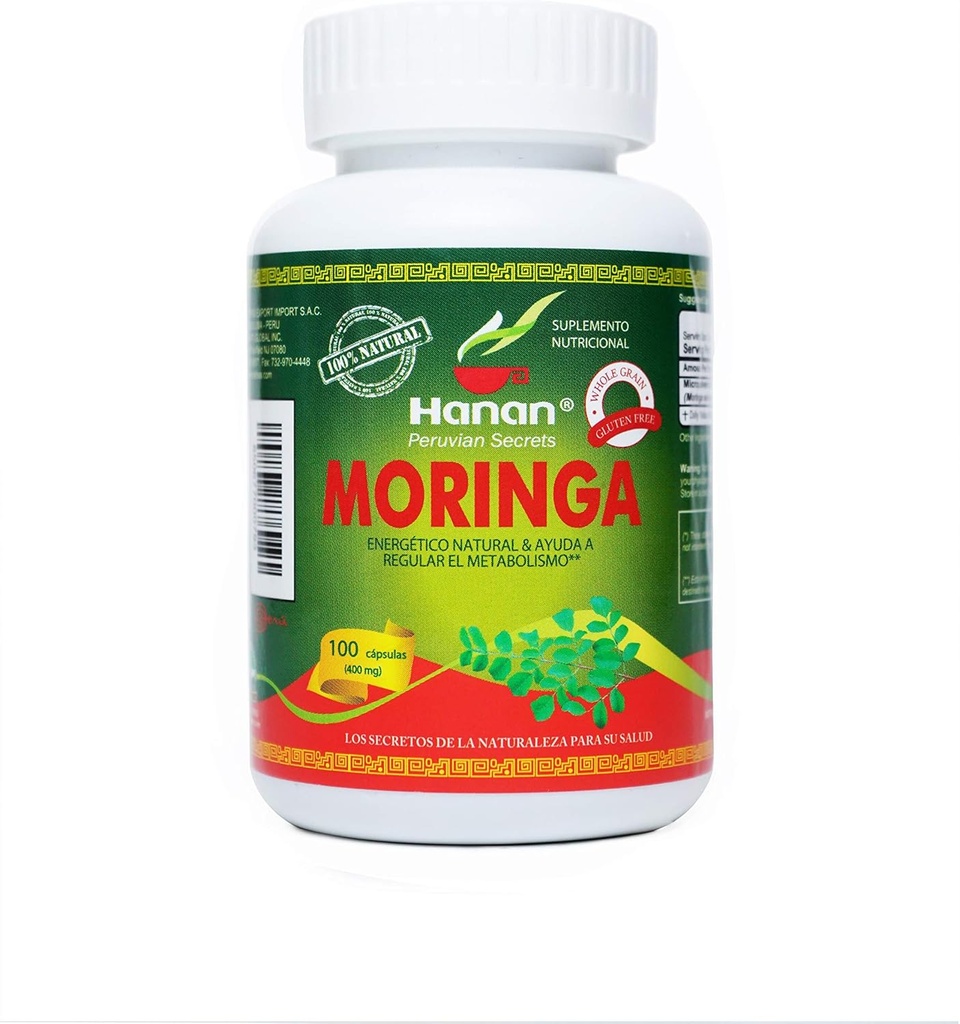 Hanan Moringa Superfood Capsules en poudre 100 ct. Pure Moringa oléifera Lam du Pérou