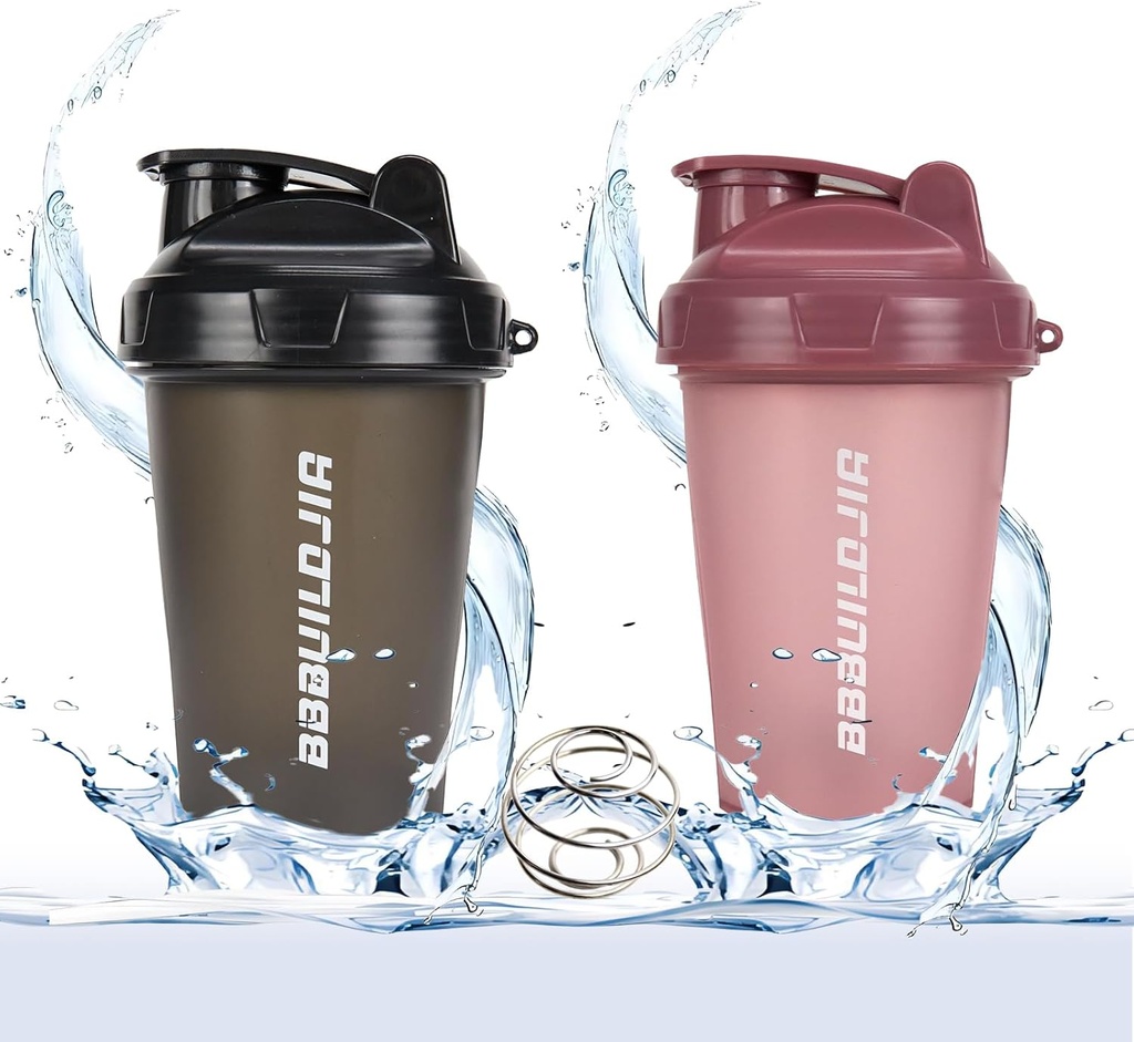 2 PACK Shaker Bouteille tient jusqu'à 17oz, mélange de fouet à boule, Portable pré-entraînement tasse de boisson protéinée, mélange des cocktails smoothies Shakes, BPA Free & Lave-vaisselle Safe Black/Pink