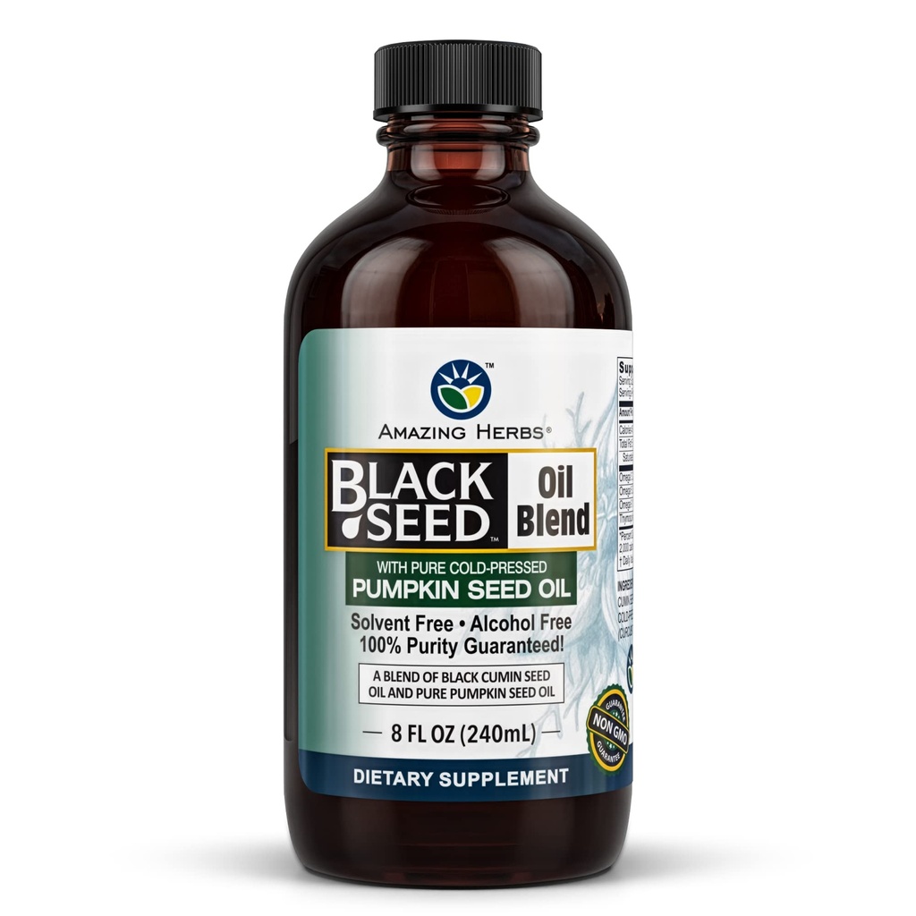 Amazing Herbes Graines noires et graines de citrouille Mélange d'huile pressée à froid - sans gluten, sans conservateurs, élevé en Omega 3, 6 et 9, améliore les réponses immunitaires et favorise la santé digestive - 8 Fl Oz