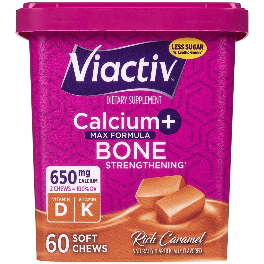 Viactiv Calcium + supplément de vitamine D Chews doux pour les femmes et les hommes - Calcium à croquer pour le soutien de la santé des os, 650 mg par portion, vitamine D & K pour l'absorption élevée - 60 comte, caramel