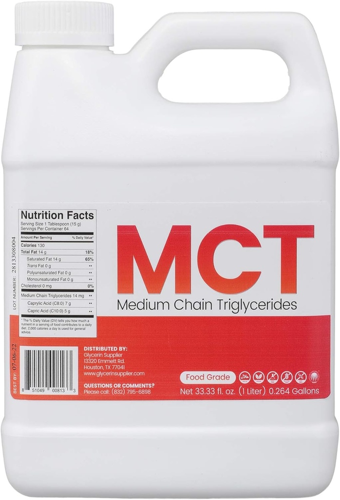 Fournisseur de glycérine Huile MCT - 1 Litre (33.33 Oz.) Classe alimentaire - Non OGM - Halal - Végétalien - dérivé de palmier durable - pour les teintures, la nutrition sportive, le régime alimentaire Keto ou Paleo, l'énergie propre