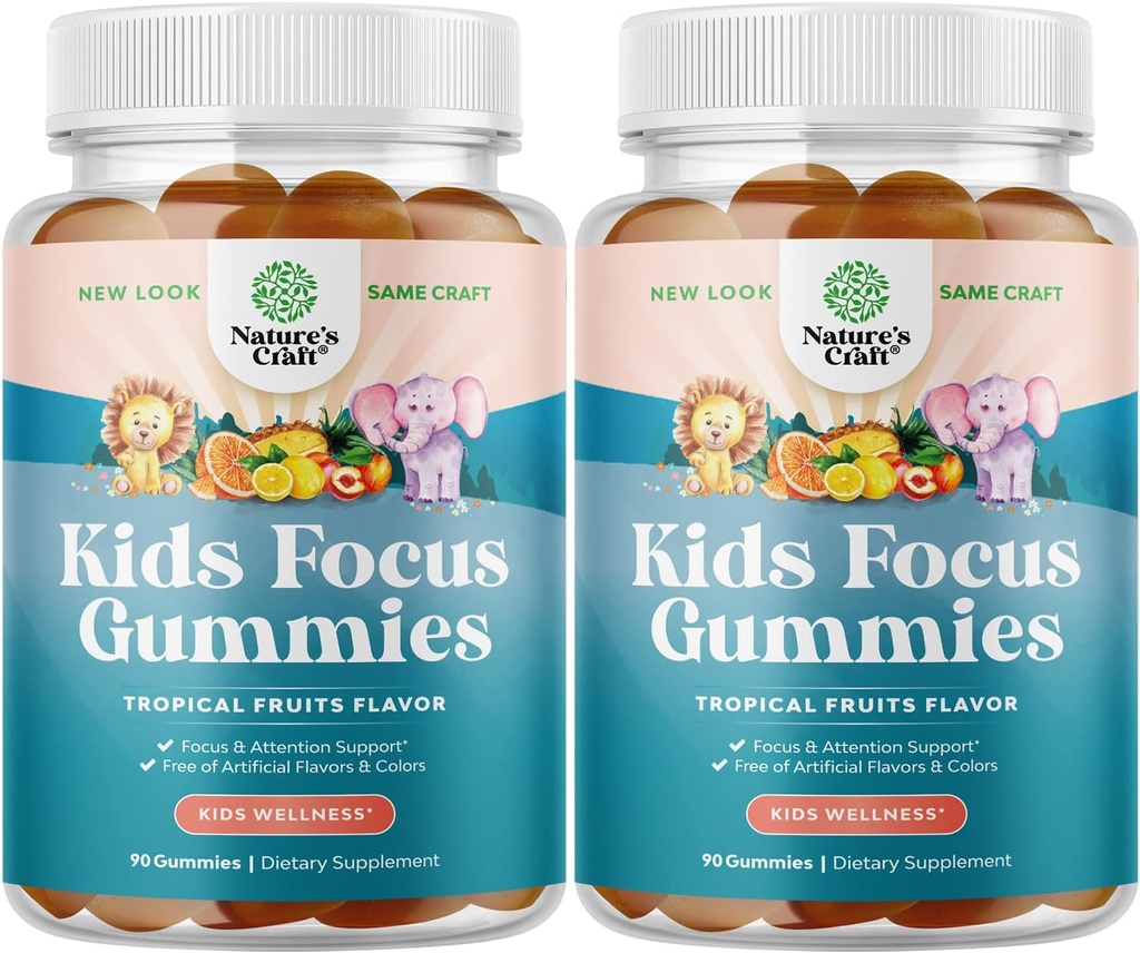 Kids Focus Gummies - Nootropics Brain Support Supplement for Kids with Green Tea Extract, B6 & B12 Vitamins for Memory and Brain Focus - Herbal Concentration Chews for Children - 90 Count - 2 Pack