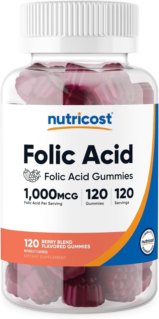 Nutricost Folic Acid (Vitamin B9) Vegetarian Gummies (120 Gummies, 1 mg Folic Acid Per Serving) - Supplement for Men & Women