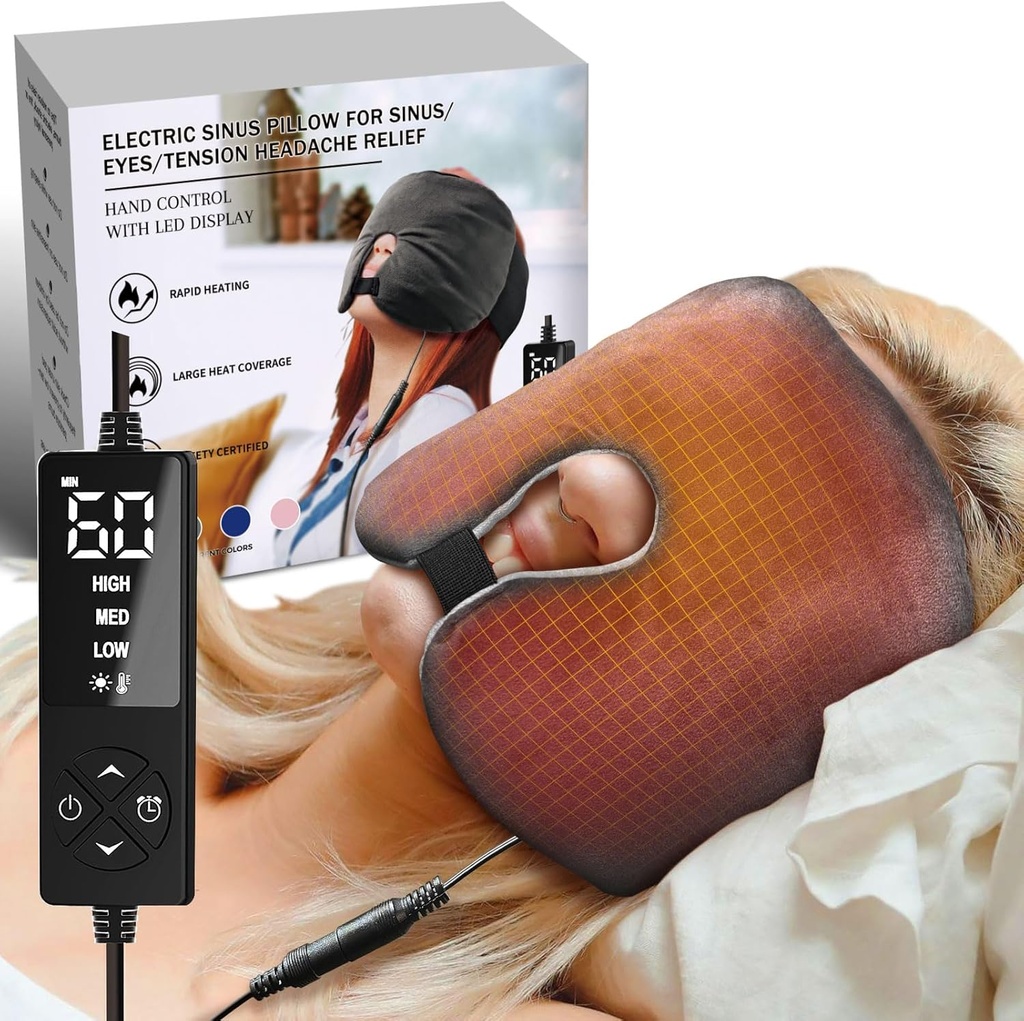 Oreiller Sinus électrique pour Sinus, Yeux secs, Relief des maux de tête de tension avec 3 réglages de chaleur et 5 minuteries, Plaque chauffante de chauffage du visage pour l'aide au sommeil et le soulagement de la pression