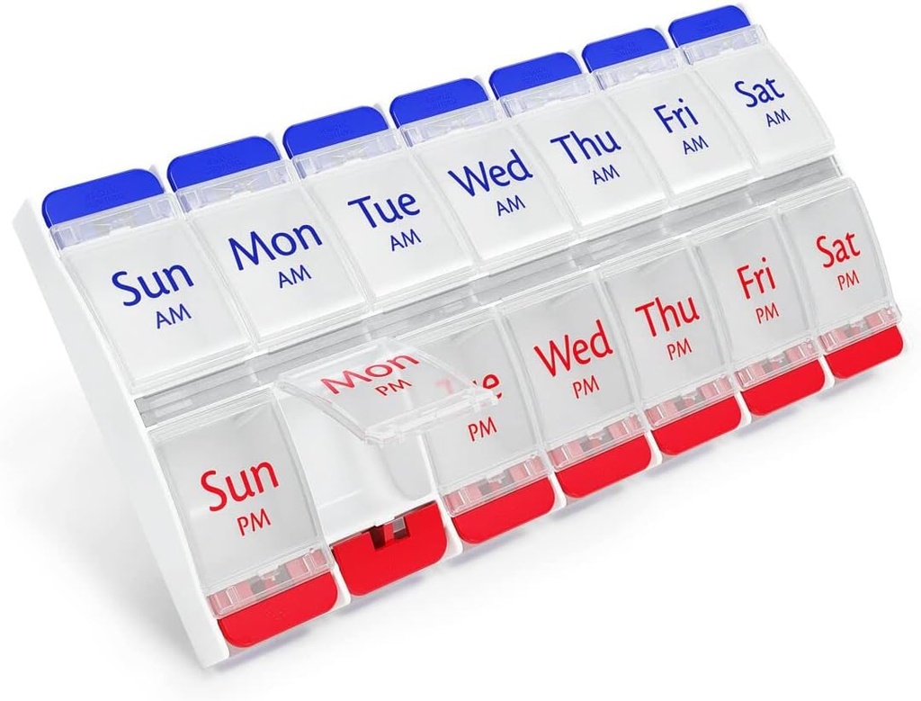 Bouton poussoir EZY DOSE (7 jours) Cas de pilule, planificateur de médicaments, organisateur quotidien de vitamines, 2 fois par jour AM/PM, grands compartiments, arthrite amicale, facile à utiliser, lys clairs, rouge/bleu, sans BPA