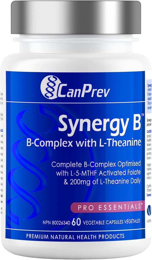 Complexe CanPrev Synergy B avec L-Theanine 60 Capsules 30 jours d'approvisionnement - Promouvoir la relaxation mentale, améliorer l'énergie, la clarté cognitive et soutenir le corps et l'esprit - végétalien, non-OGM et sans gluten