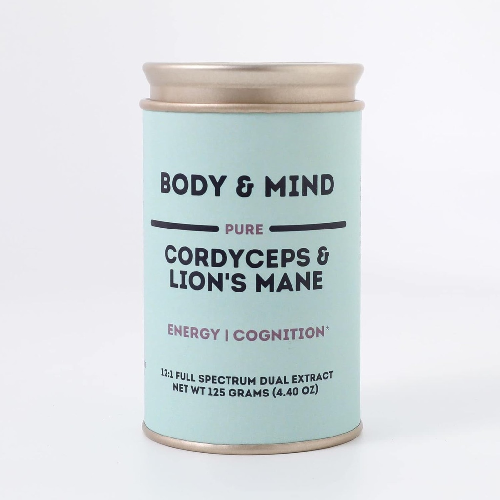 Body & Mind - Pure Organic Lion's Mane & Cordyceps Mushrooms 12:1 Dual Extract - Focus, Cognition, Energy, Endurance - 100% Fruiting Bodies - Add to Water/Tea/Coffee/Smoothies - 125 Grams