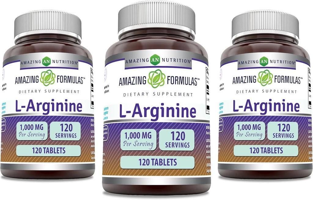 Formules étonnantes Supplément L-Arginine $ 1000 Mg par portion $ Comprimés $ Supplément Amino Acid pour les femmes et les hommes $ Non-GMO $ Sans gluten $ Fabriqué aux États-Unis (120 Comte $ 3 Pack)