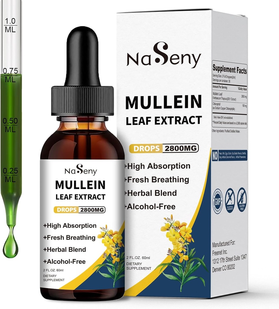 Mullein Drops for Lung Cleanse, Mullein Leaf Extract Liquid with Chlorophyll for Smokers, Herbal Liquid Drops Supplement for Respiratory, Immune (60ml)