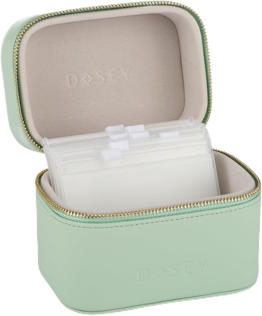 SAGE Dosey Travel Pill Case & Easy-Slide Pouches - Organisateur quotidien de pilules en cuir végétalien avec 7 poches hermétiques pour l'entreposage et la protection des médicaments - Organisateur élégant de médicaments