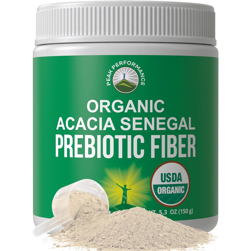 Acacia bio Sénégal Poudre de fibre prébiotique. Non aromatisé USDA biologique à base de plantes Soluble végétalien Prébiotiques Gut complément de santé avec enzymes digestives. HSA + Vitamines admissibles ASF seulement approuvées
