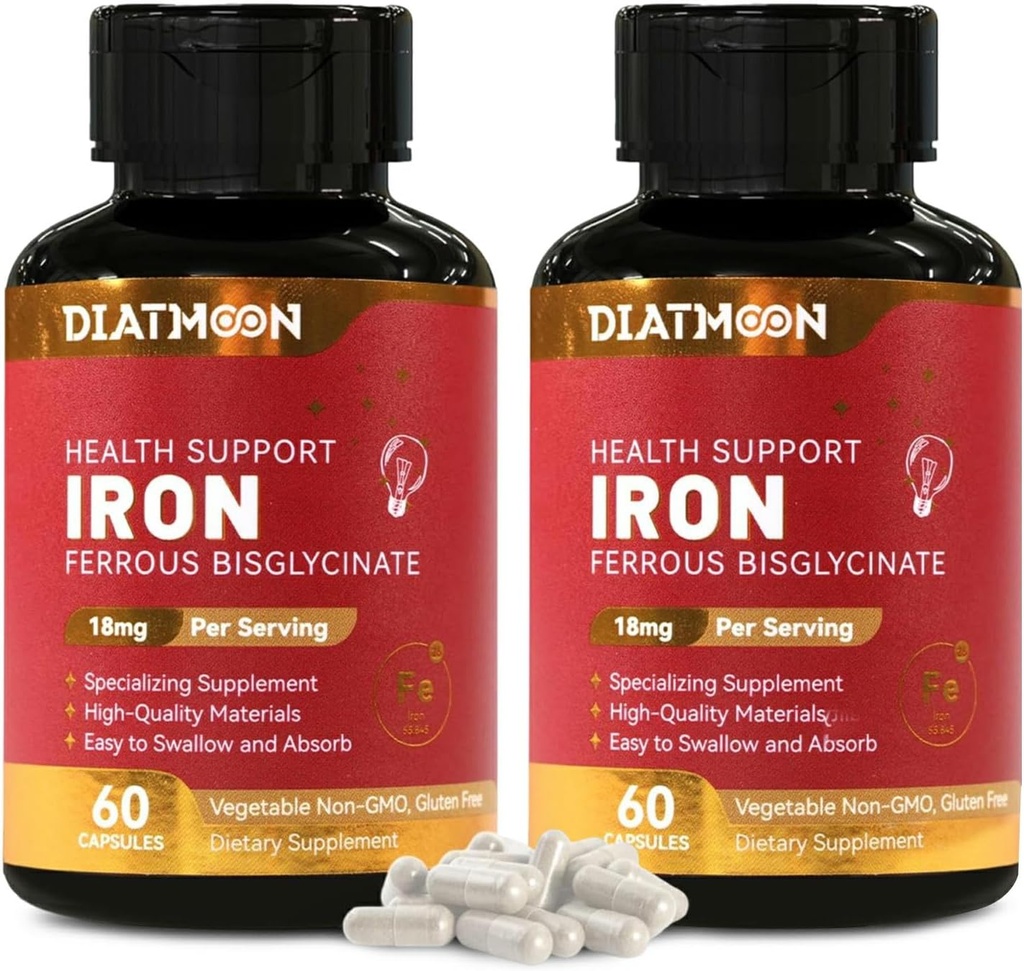 Supplément de fer 2 pack – Capsules de bisglycinate de fer très absorbantes pour adultes, 120 jours d'approvisionnement, végétalien, non-OGM, sans gluten, soutient l'énergie et le bien-être général