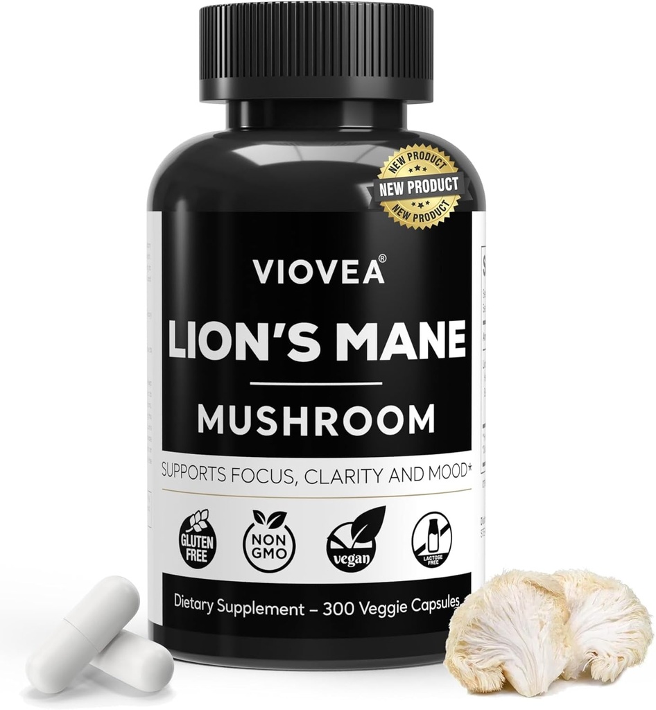 Lion's Mane Supplément Capsules - 300 Capsules (5-Mois d'approvisionnement), soutient Focus, Clarté, Mémoire et Cognition globale. Supplément nootropique organique pour la fonction cognitive et le soutien immunitaire