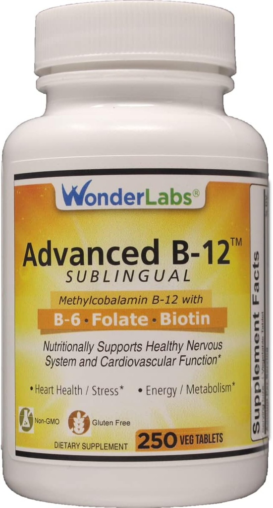 Laboratoires Wonder Vitamine B12 (1000 mcg), B6 (5mg), Acide folique (400 mcg) et Biotine (25 mcg) - Formulé avec de la vitamine méthylcobalamine B-12 (250 comprimés)